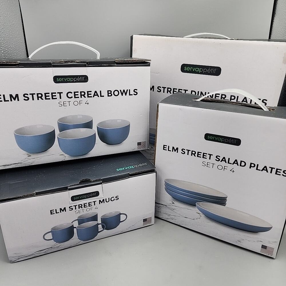 Servappetit Dining Set Elm Street Teal 4 Dinner & Salad Plates Cereal Bowls Mugs